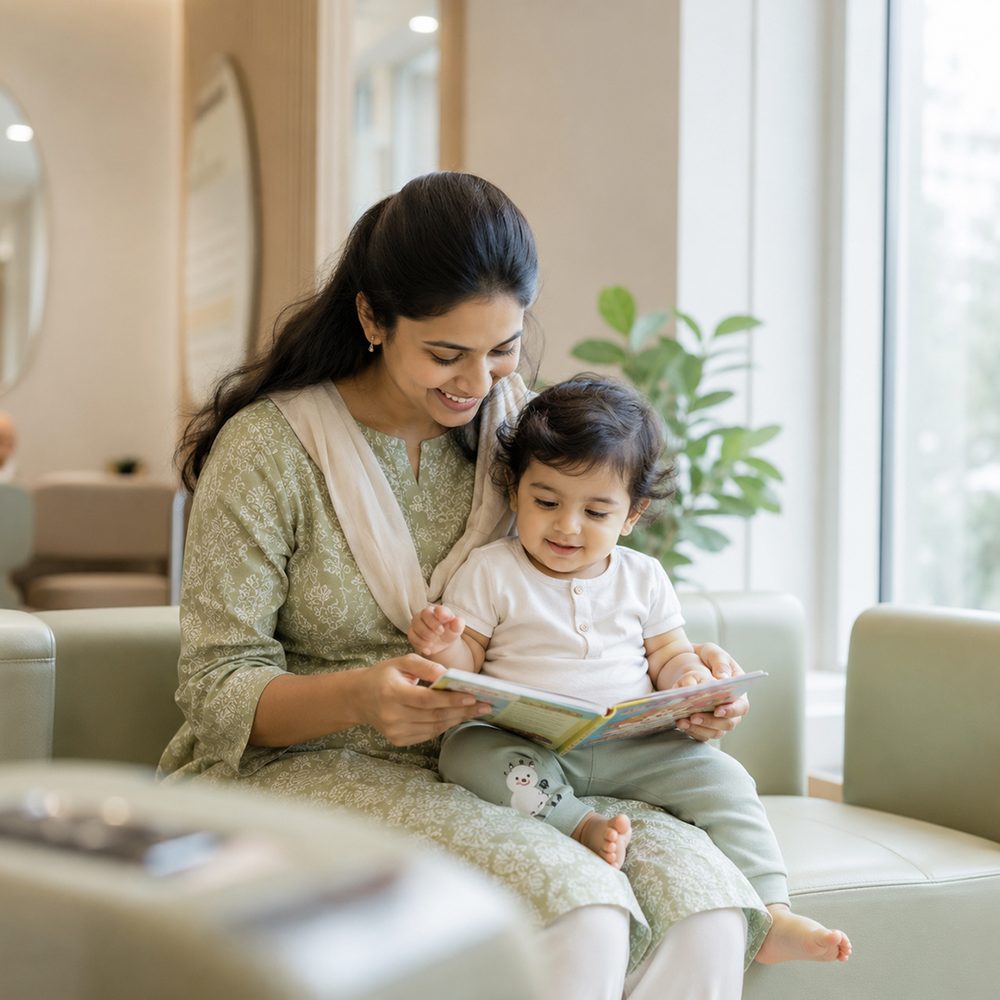 A mother reading a picture book with her toddler in the clinic's calm waiting area