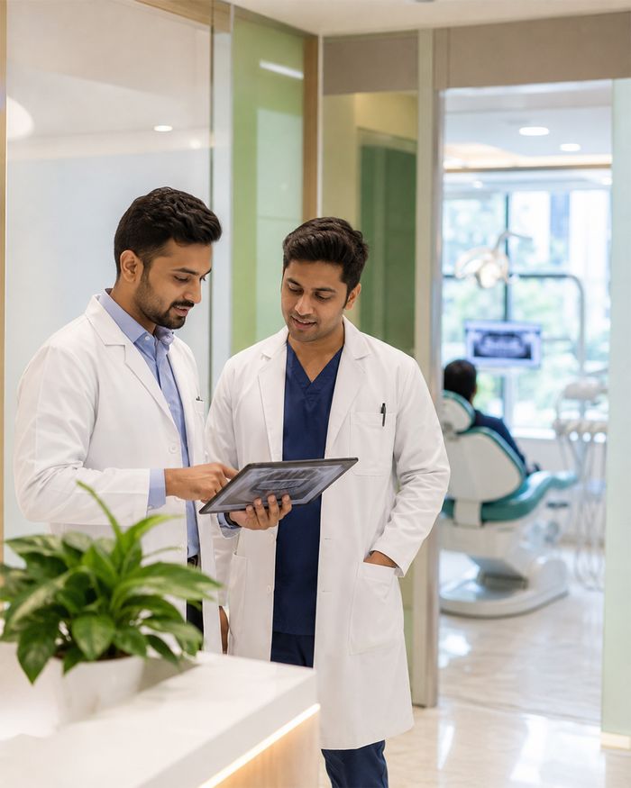 Two clinicians reviewing a dental x-ray in the clinic